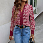 Printed V-neck Shirt Women's Long-sleeved Top