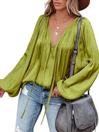 Women's Satin V-neck Long Sleeve Shirt Casual