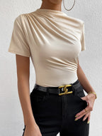 Women's Slim-fit Short-sleeved T-shirt With Small Turtleneck Pleating