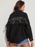 Beaded Loose Jacket Denim With Fringed Fringe