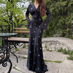 Elegant Printed Satin V-neck Long Sleeve Lace-up Dress