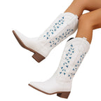 Embroidered Western Cowboy Pointed Toe Chunky Heel Knight Boots