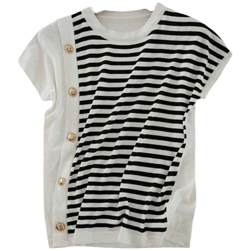 Round Neck Black And White Striped T-shirt For Women