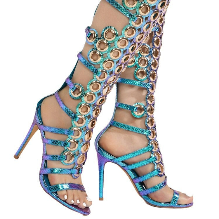 European And American Metal Large Fish-eye Hollow Stiletto Heel Open Toe Sandals