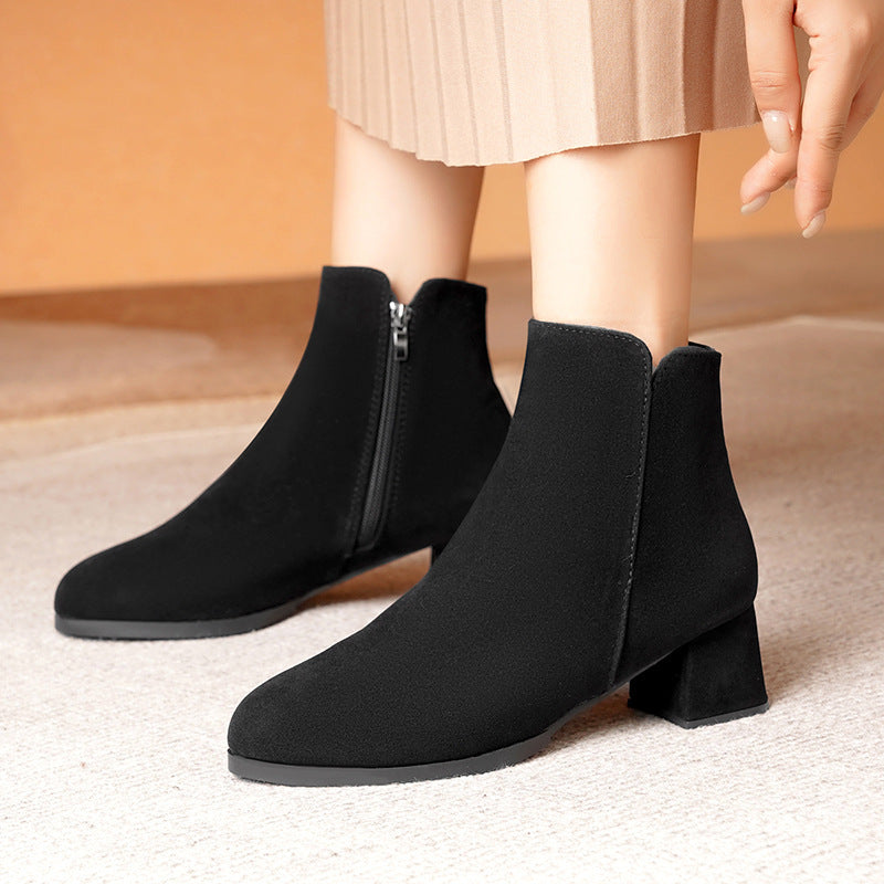 Pointed-toe Frosted Suede Side Zipper Chunky Heel Mid Heel Plus Size Female Boots
