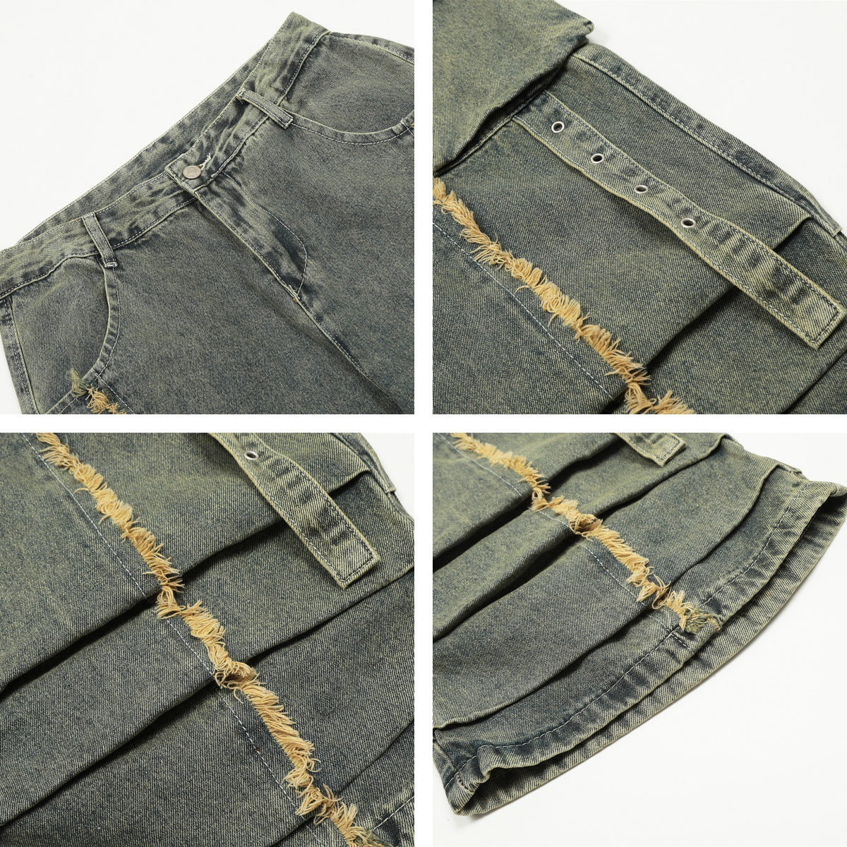 Retro Design Worn Looking Washed-out Burr Cargo Jeans Men