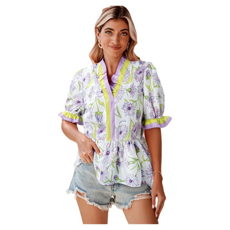 Fashion Floral Ruffled Half Sleeve T-shirt For Women