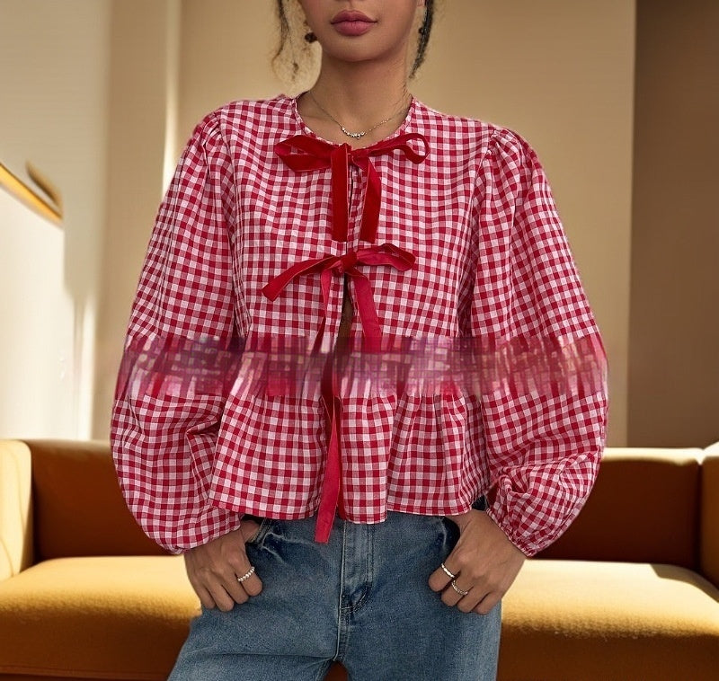 Summer Women's Plaid Loose Bow Long Sleeve Shirt