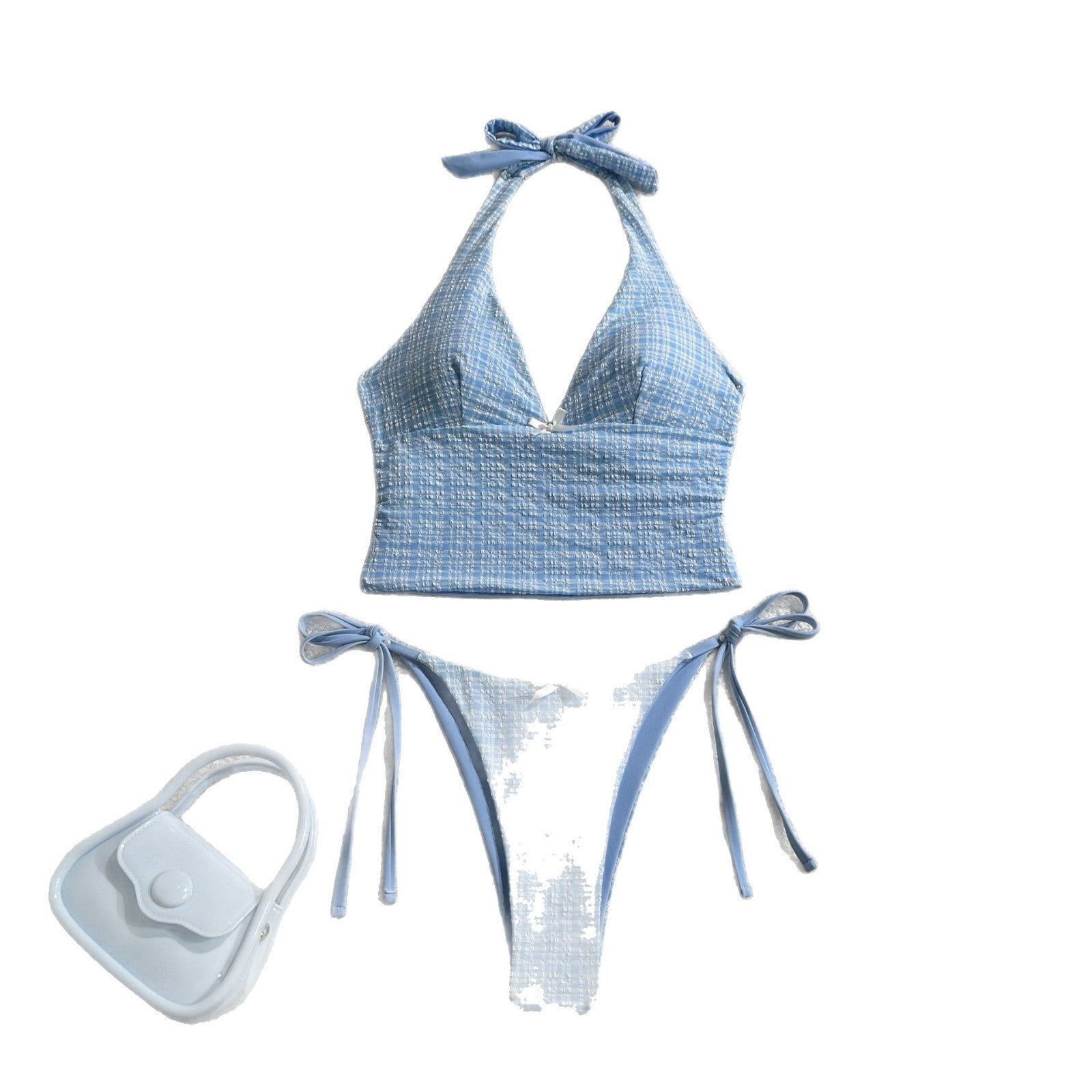 Plaid Collar Sleeveless Slim Fit Top Drawstring Short Lace Pants Suit Women's Swimsuit