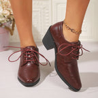 Pointed British Style High Heel Chunky Heel Front Lace-up Low-top Leather Shoes
