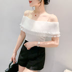 Pleated Lace Stitching Off-neck Sweet Short Sleeve