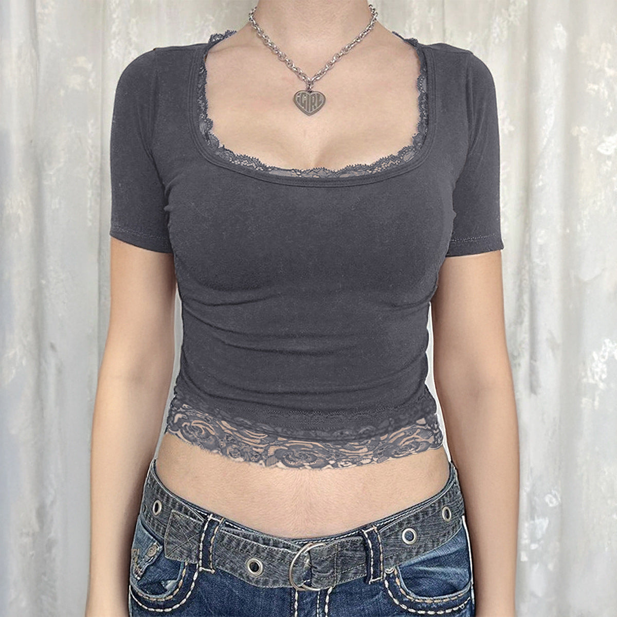 Y2g Solid Color Lace U-neck Sexy Midriff-baring Short Sleeve Top T-shirt Women's Clothing