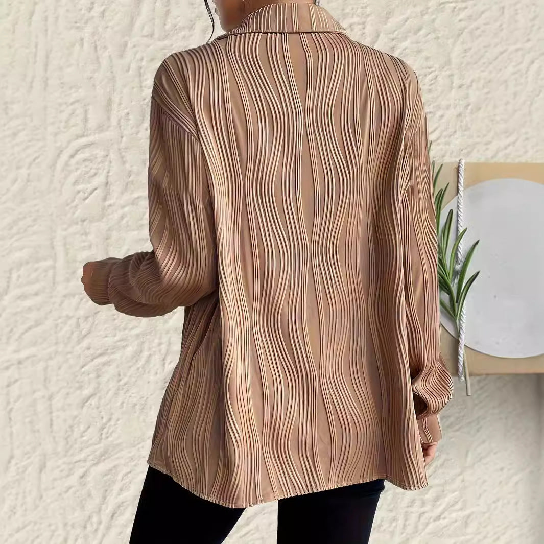 Fashionable Women's Plus Size Shirt With Fold-down Collar And Button Texture