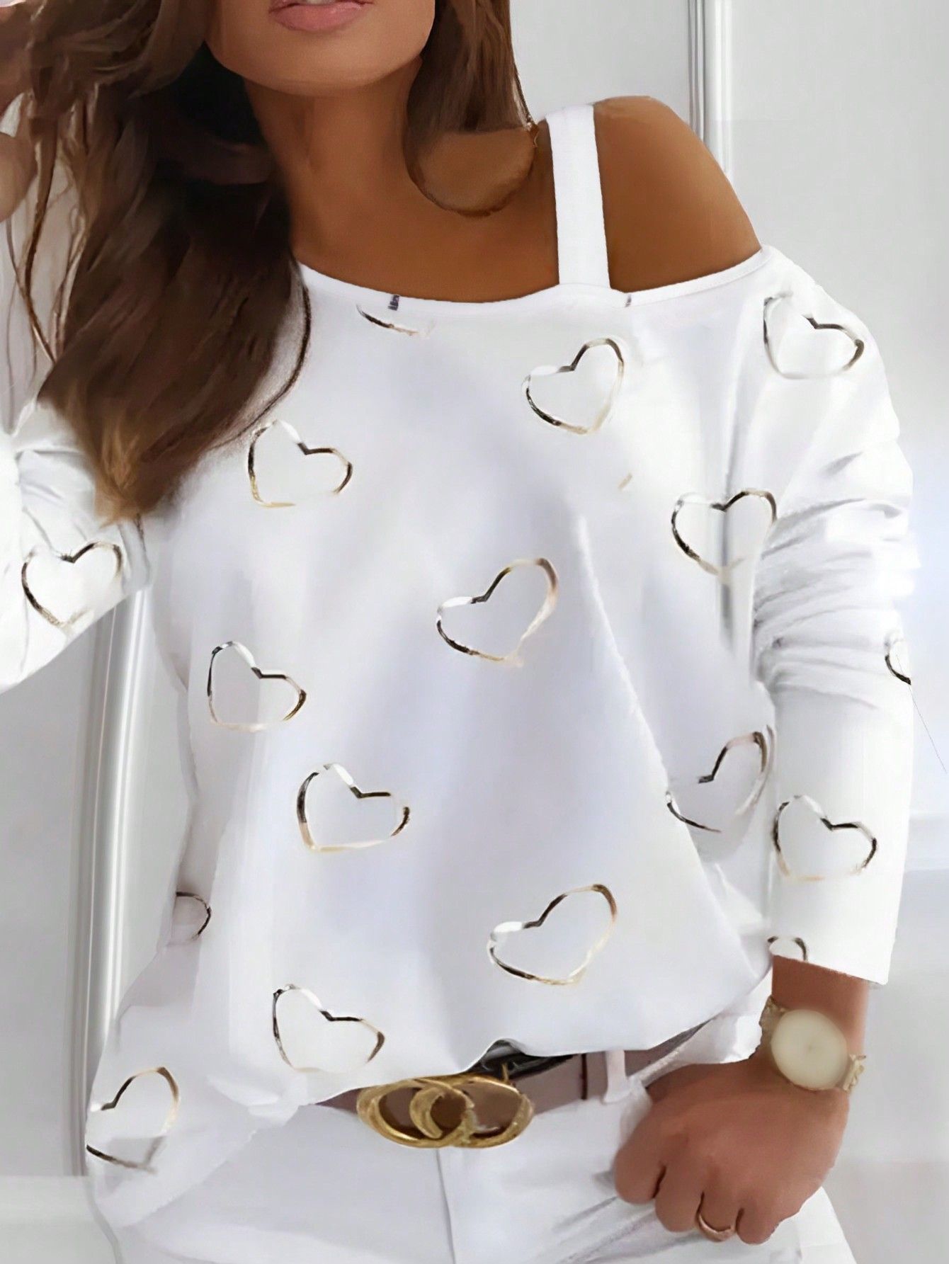Heart Printing Women's Strapless Sexy Pullover Long Sleeve T-shirt