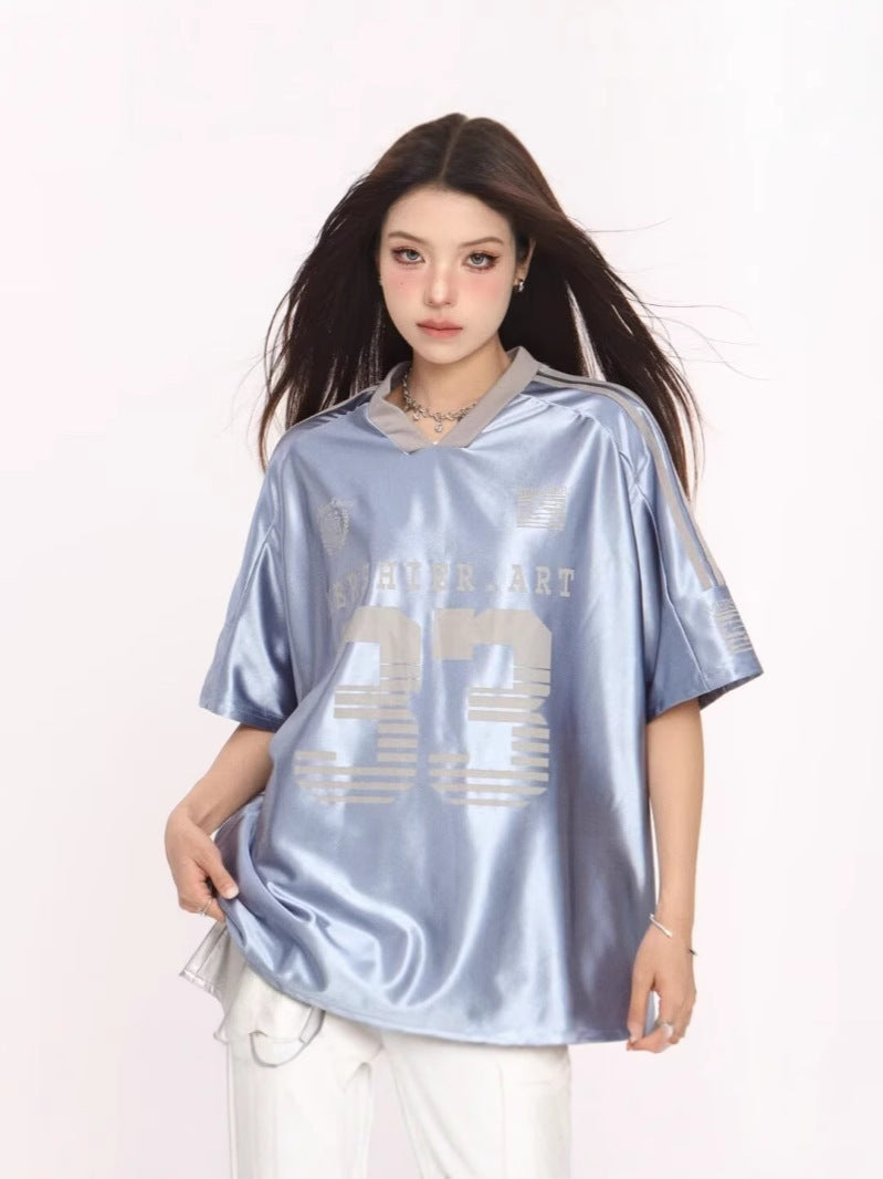 Retro V-neck Splicing Letter Print Short-sleeve