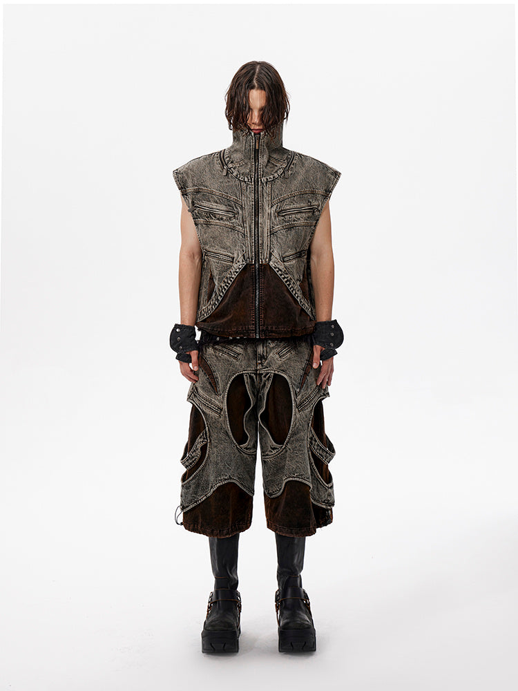 Splicing Denim Vest Jacket Men's Summer Zipper Sleeeless Camisole