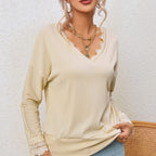 Apricot Ribbed Texture Lace Trim V Neck Long Sleeve Top