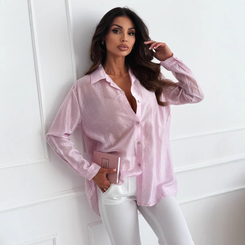 Simple Fashion Solid Color Rhinestone Long-sleeved Shirt Women's Clothing