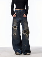 Distressed Camouflage Patch Ripped Jeans Women Loose Straight-leg Wide-leg Pants